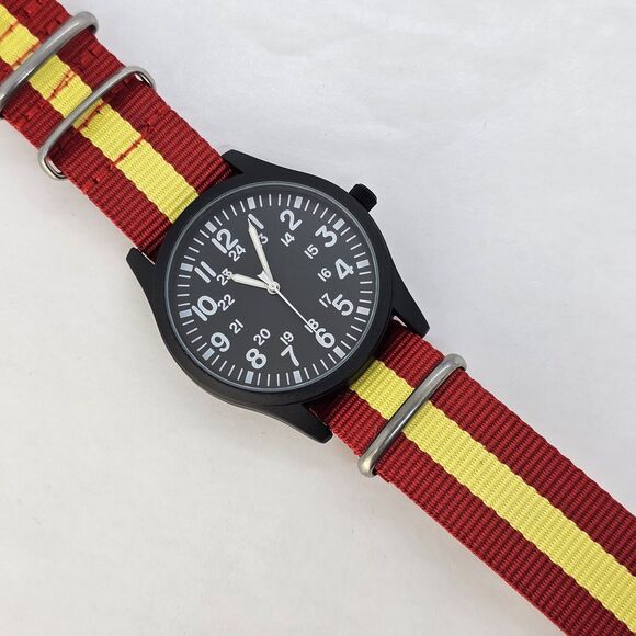 Men's Field Watch 42MM Black Dial Black Case Red Yellow Canvas Band Strap - Picture 1 of 11